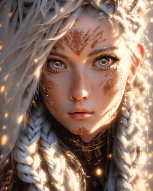 (masterpiece, realistic:1.5), 1girl, solo, looking at viewer, lips, portrait, close-up, braid, long hair, white hair, closed mouth, brown eyes, eyelashes, facial tattoo, nose, tattoo, facial mark, serious, single braid 