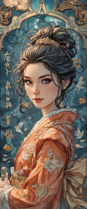 Photo, realistic, light refraction, ((acrylic with goldfish illustration embedded in desk)),  llngsh AND 1920s geisha, face, brunette, kimono goldfish look like they are swimming in Chinese letter panterns that spell ni hao, deep blue and light blue gradation, very beautiful, cool feeling piece, front view of face and full body head to toe angel woman facing the camera, full color Sketch book, highly detailed hand drawn, light, realistic sketch, dark orange and gold chiffon linen and flowing gossamer with ruffled silk under garments dress braded dark brown hair Rough sketch, mix of bold dark lines and loose lines, bold lines, on paper, beautiful angel facing camera, character model sheet, back view included on character sheet. female, Full body, runes, light hero theme, flowing partially braided hair, beautiful 8k photorealistic, Auguste Renoir ~ Paul Peel ~ John Singer Sargent ~ Alexandre-Jacques Chantron ~ John William Godward ~ John William Waterhouse ~ Han-Wu Shen ~ Ishitaka Amano ~ Chakrapan Posayakrit ~ Kim Jung Gi ~ Kei Mieno ~ Ikushima Hiroshi ~ WLOP ~ William-Adolphe Bouguereau ~ Alphonse Mucha ~Luis Royo ~ Range Murata ~ Jock Sturges photography ~ David Hamillton photography ~ Rustic Sketchbook Style, Sketch Book, Hand Drawn, Dark, Gritty, Realistic Sketch, Rough Sketch, Mix of Bold Dark Lines and Loose Lines, Bold Lines, On Paper, Turnaround Character Sheet, Natural Light, Dynamic, Highly Detailed, Watercolor Painting, Watercolor Paper, Artstation, Concept Art, Smooth and Crisp, Sharp Focus, Illustration, Goth girl ,lady & rayograph,,,victorian vision,.retro glam,,surreal,sparkles,shabby chic,