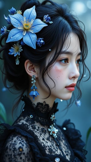 (Masterpiece, photorealistic, HD, high_resolutions, hyper_realistic, highly_detailed, 16k, perfect_lighting). Photography, analog style, real life, extremely beautiful, (highly detailed, intricately detailed), a beautiul girl with one beautiful flower on her shining hair, a depiction of a bioluminescent flower with bright, sharp, bluebell's petals attached to water droplets, mimics the texture seen in sculptural artwork, delicate combination of oil and marker lines on cracked epoxy glass, ultra-fine illumination, highly stylized and dramatic,Auguste Renoir ~ Paul Peel ~ John Singer Sargent ~ Alexandre-Jacques Chantron ~ John William Godward ~ John William Waterhouse ~ Han-Wu Shen ~ Ishitaka Amano ~ Chakrapan Posayakrit ~ Kim Jung Gi ~ Kei Mieno ~ Ikushima Hiroshi ~ WLOP ~ William-Adolphe Bouguereau ~ Alphonse Mucha ~Luis Royo ~ Range Murata ~ Jock Sturges photography ~ David Hamillton photography ~ Rustic Sketchbook Style, Sketch Book, Hand Drawn, Dark, Gritty, Realistic Sketch, Rough Sketch, Mix of Bold Dark Lines and Loose Lines, Bold Lines, On Paper, Turnaround Character Sheet, Natural Light, Dynamic, Highly Detailed, Watercolor Painting, Watercolor Paper, Artstation, Concept Art, Smooth and Crisp, Sharp Focus, Illustration, Goth girl,sparkles