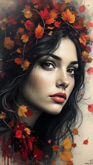 (masterpiece, high quality, 8K resolution),A surreal sketchbook-style graffiti spray-painted on the wall. a close up portrait of a beautiful woman with slavic features. Scattered strokes of paint create a unified image, elegant and chaotic. Add autumn mood, withered leaves, rusty shades, the theme of withering. The impasto technique creates a sense of relief and volume in the image, elegantly combining the elegance of classical art with the chaos of street art. Merge anime style and street art style.,Surreal art,graffiStyle,,lady & rayograph,,,victorian vision,.retro glam,,surreal,sparkles,dark fantasy,