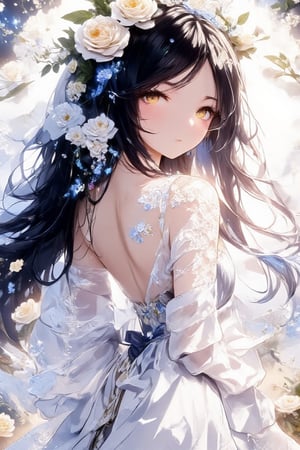 In this breathtaking 8K animated masterpiece, a serene anime-style girl with long black hair cascading down her back like a velvet waterfall gazes into the distance with piercing blue eyes and delicate light brown eyebrows. Her slender figure is draped in a flowing white dress adorned with intricate white flowers, cinched at the waist by a shimmering blue belt. A dainty flower crown rests atop her wavy locks as she stands poised, her ruffled white wings fluttering softly behind her in a whimsical dance. The warm lighting casts a soft glow on the scene, set against a subtle gradient of gentle blues and whites.,acryli painting,Anime style,Made of adrr-zllj,dal,Auguste Renoir ~ Paul Peel ~ John Singer Sargent ~ Alexandre-Jacques Chantron ~ John William Godward ~ John William Waterhouse ~ Han-Wu Shen ~ Ishitaka Amano ~ Chakrapan Posayakrit ~ Kim Jung Gi ~ Kei Mieno ~ Ikushima Hiroshi ~ WLOP ~ William-Adolphe Bouguereau ~ Alphonse Mucha ~Luis Royo ~ Range Murata ~ Jock Sturges photography ~ David Hamillton photography,sparkles