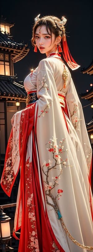 1girl, 23yo Taiwanese beauty, solo, cool, looking at viewer, brunette, hair accessory, long sleeves, holding, blue eyes, jewelry, closed mouth, standing, cowboy shot, earrings, outdoor, sky , looking back, clouds, from behind, nail polish, red lips, belt, night, glow, chain, forehead mark, gorgeous Hanfu, tassels, red nails, smoke, lantern, white python, magic, East Asian architecture, high bun, pagoda