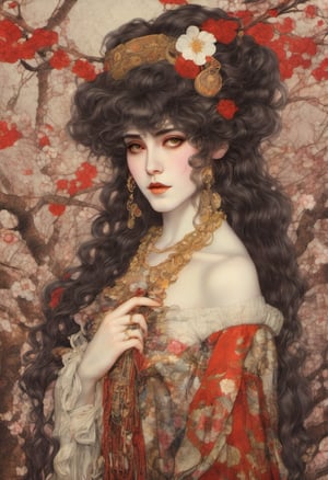 score_9, (80s Posters) BOOK OF THE Gustav Klimt & Red and White Plum Blossoms collaboration, art station, BANDE DESSINÉE story transcription, full color, carnival, epic, fine art, shabby chic, boho gypsy, bohemian, gothic, rococco, marquise,lady, delicate portrait, dark fantasy, 