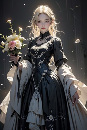 A mesmerizing conceptual illustration of an ethereal, semi-transparent figure, possibly a woman, with cascading locks that seamlessly blend into a beautiful array of vibrant, blooming flowers. The figure is delicately holding a bouquet of these flowers in her hand, with the petals emitting a soft, warm glow. The dark background enhances the striking luminosity of the figure and flowers, creating a stark contrast that captivates the viewer. The overall atmosphere of the piece is mystical and enchanting, inviting the viewer to step into this dreamlike world., conceptual art, painting, burlesque,shabby chic,,fine art,epic,Boho gypsy, marquise,duchesse,illustration