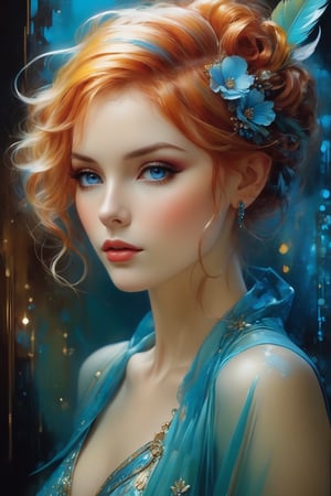 create me a hybrid being, Gorgeous, beautiful, multicolored hair, blue eyes, excentic, Ben Bauchau, Michael Garmash, Daniel F Gerhartz, Clint Cearley, Carne Griffiths, Jean Baptiste Monge, strybk style, warm dreamy lighting, matte background, volumetric lighting, pulp adventure style, fluid acrylic, dynamic gradients, bold color, illustration, highly detailed, simple, smooth and clean vector curves, vector art, smooth, johan grenier, character design, 3d shadowing, fanbox, cinematic, ornate motifs, elegant organic framing, hyperrealism, posterized, masterpiece collection, bright lush colors, TXAA, penumbra, alcohol paint, wet gouache, ultrarealistic, film grain, surreal, moody, ethereal fantasy, amazing depth, cinematic film still, sharp focus, (James Christensen),bohemian,Boho gypsy, Gustav Klimt, (Anne Bachelier:1.2), (Lillian Bassman, Erwin Blumenfeld),shabby chic,, 1920s retrofuturism, industrial, art deco, coherent, (Dieselpunk:1.3)