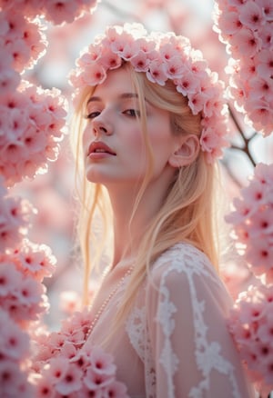 A young woman with alabaster skin and delicate features, adorned with a diaphanous white garment, stands amidst a  profusion of cherry blossoms. The effulgent blooms, rendered in a pastel palette of blush and rose, encircle her form, creating an ethereal tableau.  Her eyes are closed, her expression serene as if lost in a reverie.  The camera, positioned slightly below eye level, captures a medium shot, emphasizing the interplay of light and shadow upon her features and the surrounding blossoms. A soft, diffused light bathes the scene, imbuing it with an otherworldly luminescence. The background dissolves into a soft-focus haze of pink and white, enhancing the dreamlike quality. To heighten the surreality, incorporate iridescent butterflies fluttering amongst the blossoms and delicate strands of pearls woven into the woman's hair.  Cimmerian tenebrism, sfumato chiaroscuro, highly specular highlights, deep blacks, velvety texture, high dynamic range, compressed gamma.,Auguste Renoir ~ Paul Peel ~ John Singer Sargent ~ Alexandre-Jacques Chantron ~ John William Godward ~ John William Waterhouse ~ Han-Wu Shen ~ Ishitaka Amano ~ Chakrapan Posayakrit ~ Kim Jung Gi ~ Kei Mieno ~ Ikushima Hiroshi ~ WLOP ~ William-Adolphe Bouguereau ~ Alphonse Mucha ~Luis Royo ~ Range Murata ~ Jock Sturges photography ~ David Hamillton photography