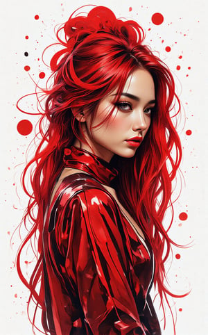 A striking stencil art portrait of a young sexy Asian woman with very long fiery glowing red hair swirling in the wind. She is in a distinctive metallic red dress, featuring a circle pattern and bold stripes. Her intense gaze is directed to the right, lightly downwards, as if contemplating a secret. The stark white background highlights the intricate details of the stencil work, showcasing the artist's skill and precisionm,,lady & rayograph,,,victorian vision,.retro glam,surreal,sparklesAuguste Renoir ~ Paul Peel ~ John Singer Sargent ~ Alexandre-Jacques Chantron ~ John William Godward ~ John William Waterhouse ~ Han-Wu Shen ~ Ishitaka Amano ~ Chakrapan Posayakrit ~ Kim Jung Gi ~ Kei Mieno ~ Ikushima Hiroshi ~ WLOP ~ William-Adolphe Bouguereau ~ Alphonse Mucha ~Luis Royo ~ Range Murata ~ Jock Sturges photography ~ David Hamillton photography ~ Rustic Sketchbook Style, Sketch Book, Hand Drawn, Dark, Gritty, Realistic Sketch, Rough Sketch, Mix of Bold Dark Lines and Loose Lines, Bold Lines, On Paper, Turnaround Character Sheet, Natural Light, Dynamic, Highly Detailed, Watercolor Painting, Watercolor Paper, Artstation, Concept Art, Smooth and Crisp, Sharp Focus, Illustration, Goth girl 