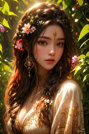  busty and sexy girl, 8k, masterpiece, ultra-realistic, best quality, high resolution, high definition, A stunning sorceress, enveloped in prisms of color, is adorned in her most exquisite attire and her finest jewels, colorful glowing flower,goblin, epic, fine art, shabby chic, boho gypsy, bohemian, gothic, rococco, marquise,lady, delicate portrait, dark fantasy, 