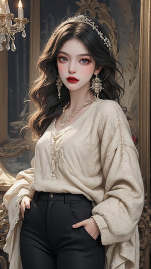 1girl, solo, long hair, looking at viewer, shirt, black hair, long sleeves, jewelry, closed mouth, earrings, pants, black eyes, sweater, black pants, hands in pockets, red lips, burlesque,shabby chic,,fine art,epic,Boho gypsy, marquise,duchesse, dark fantasy