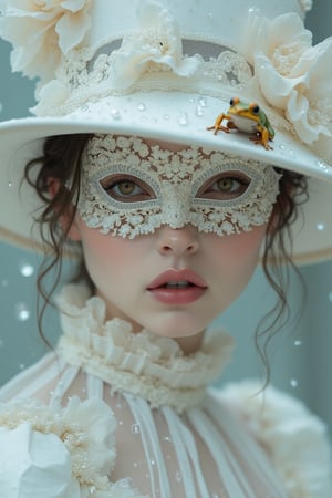 a medium close up of a person wearing a mask, dreamy gothic girl, elegant render, half body photo, mistress, photoshop render, ivory rococo, elegant girl, female spy, haunting beautiful young woman, pink lipstick, super-hero girl, extravagant dress, beauty girl, white zorro, broad brimmed white hat, a ultra close up tiny little frog in a raindrop on the brim of her hat, 8k resolution,.retro glam,,surreal,sparkles