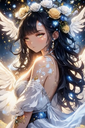 In this breathtaking 8K animated masterpiece, a serene anime-style girl with long black hair cascading down her back like a velvet waterfall gazes into the distance with piercing blue eyes and delicate light brown eyebrows. Her slender figure is draped in a flowing white dress adorned with intricate white flowers, cinched at the waist by a shimmering blue belt. A dainty flower crown rests atop her wavy locks as she stands poised, her ruffled white wings fluttering softly behind her in a whimsical dance. The warm lighting casts a soft glow on the scene, set against a subtle gradient of gentle blues and whites.,acryli painting,Anime style,Made of adrr-zllj,dal,Ink drawing of MOGLI, a charismatic girl embracing bohemian lifestyle, irises glisten like shimmering copper, lips subtly pursed, gaze directed skyward in a dreamy fashion, mane detailed with careless precision, features etched with laughter lines, radiating otherworldly charm, posture exudes liberation, capturing vivid expression of life, by Catr, detailed, vibrant, ink on textured paper, dramatic lighting,  Gorgeous, beautiful, multicolored hair, blue eyes, excentic, Ben Bauchau, Michael Garmash, Daniel F Gerhartz, Clint Cearley, Carne Griffiths, Jean Baptiste Monge, strybk style, warm dreamy lighting, matte background, volumetric lighting, pulp adventure style, fluid acrylic, dynamic gradients, bold color, illustration, highly detailed, simple, smooth and clean vector curves, vector art, smooth, johan grenier, character design, 3d shadowing, fanbox, cinematic, ornate motifs, elegant organic framing, hyperrealism, posterized, masterpiece collection, bright lush colors, TXAA, penumbra, alcohol paint, wet gouache, ultrarealistic, film grain, surreal, moody, ethereal fantasy, amazing depth, cinematic film still, sharp focus, (James Christensen),bohemian,Boho gypsy, Gustav Klimt, (Anne Bachelier:1.2), (Lillian Bassman, Erwin Blumenfeld),shabby chic,, 1920s retrofuturism, industrial, art deco, coherent, (Dieselpunk:1.3), sparkles, 