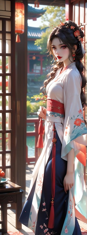 Score_9, score_8_up, score_7_up, score_6_up, 1girl, full body, a 23-year-old long-haired Taiwanese beauty, wearing white Hanfu, standing alone by the lake, with the Oriental Pavilion in the background. Her face was expressionless, and a few white pear blossoms slowly fell from the sky.