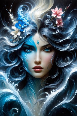 Scumbling painting of a water elemental woman surrounded by water, using water magic, blue eyes, roughly painted skin, messy paint strokes, swirling water magic, ocean background, by Bastien L. Deharme, gothic art, style of Ashley Wood, blue and white flowers, Sakimichan Frank Franzzeta, beautiful portrait of a hopeless, Ruan Jia and Joao Ruas, watercolors and oil on canvas hyperdetailed, beautiful colours,burlesque,shabby chic,,fine art,epic,Boho gypsy, marquise,duchesse,dark fantasy,