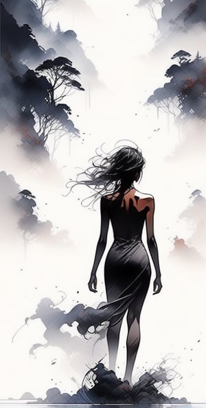 So sexy and hot, beautiful and sensual woman ,  Silhouette medium_up an beautiful and elegant woman in thick fog,  slender, sensual, masterpiece, ink art