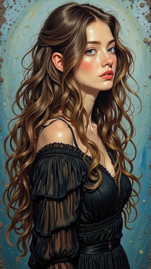 (Painting on canvas, oil painting, abstract painting, full colours, perfect composition, perfect contrast, perfect brightness). An abstract surrealist masterpiece. A beautiful girl with long wavy hair, evoking the eerie atmosphere of Zdzislaw Beksinski's works. Style reminiscent of Gabriel Pacheco, Graham Sutherland, and Tracy Adams, Vincent van gogh painting style.Auguste Renoir ~ Paul Peel ~ John Singer Sargent ~ Alexandre-Jacques Chantron ~ John William Godward ~ John William Waterhouse ~ Han-Wu Shen ~ Ishitaka Amano ~ Chakrapan Posayakrit ~ Kim Jung Gi ~ Kei Mieno ~ Ikushima Hiroshi ~ WLOP ~ William-Adolphe Bouguereau ~ Alphonse Mucha ~Luis Royo ~ Range Murata ~ Jock Sturges photography ~ David Hamillton photography,sparkles,surreal