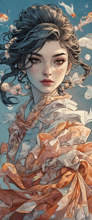 Photo, realistic, light refraction, ((acrylic with goldfish illustration embedded in desk)),  llngsh AND 1920s geisha, face, brunette, kimono goldfish look like they are swimming in Chinese letter panterns that spell ni hao, deep blue and light blue gradation, very beautiful, cool feeling piece, front view of face and full body head to toe angel woman facing the camera, full color Sketch book, highly detailed hand drawn, light, realistic sketch, dark orange and gold chiffon linen and flowing gossamer with ruffled silk under garments dress braded dark brown hair Rough sketch, mix of bold dark lines and loose lines, bold lines, on paper, beautiful angel facing camera, character model sheet, back view included on character sheet. female, Full body, runes, light hero theme, flowing partially braided hair, beautiful 8k photorealistic, Auguste Renoir ~ Paul Peel ~ John Singer Sargent ~ Alexandre-Jacques Chantron ~ John William Godward ~ John William Waterhouse ~ Han-Wu Shen ~ Ishitaka Amano ~ Chakrapan Posayakrit ~ Kim Jung Gi ~ Kei Mieno ~ Ikushima Hiroshi ~ WLOP ~ William-Adolphe Bouguereau ~ Alphonse Mucha ~Luis Royo ~ Range Murata ~ Jock Sturges photography ~ David Hamillton photography ~ Rustic Sketchbook Style, Sketch Book, Hand Drawn, Dark, Gritty, Realistic Sketch, Rough Sketch, Mix of Bold Dark Lines and Loose Lines, Bold Lines, On Paper, Turnaround Character Sheet, Natural Light, Dynamic, Highly Detailed, Watercolor Painting, Watercolor Paper, Artstation, Concept Art, Smooth and Crisp, Sharp Focus, Illustration, Goth girl ,lady & rayograph,,,victorian vision,.retro glam,,surreal,sparkles,shabby chic,