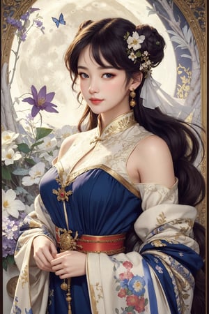 busty and sexy girl, 8k, masterpiece, ultra-realistic, best quality, high resolution, high definition, 1girl, solo, long hair,large breasts, looking at viewer, smile, black hair, hair ornament, long sleeves, dress, bare shoulder, jewelry, purple eyes, upper body, flower, earrings, hair flower, wide sleeves, hair bun, bracelet, sash, double bun, chinese clothes, ((moon))Auguste Renoir ~ Paul Peel ~ John Singer Sargent ~ Alexandre-Jacques Chantron ~ John William Godward ~ John William Waterhouse ~ Han-Wu Shen ~ Ishitaka Amano ~ Chakrapan Posayakrit ~ Kim Jung Gi ~ Kei Mieno ~ Ikushima Hiroshi ~ WLOP ~ William-Adolphe Bouguereau ~ Alphonse Mucha ~Luis Royo ~ Range Murata ~ Jock Sturges photography ~ David Hamillton photography ,sparkles,,surreal