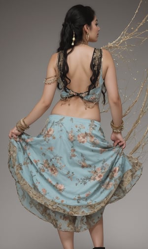 A stunning young indian girl with long, jet-black hair flowing down her back, wears a vibrant floral printed skirt that falls to the ground. Her curly locks cascade over her shoulders as she strikes a pose, adorned in sparkling jewelry and dangling earrings. The camera frames her solo figure against a neutral background, highlighting her intricate costume and radiant beauty.