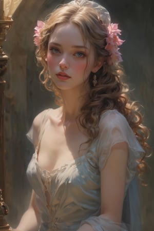 A young woman sits elegantly in a softly lit room, her piercing blue eyes locking onto the viewer as she gazes directly into the camera. Her rich brown hair cascades down her back, adorned with a delicate hair ornament that catches the subtle lighting. She wears a flowing dress that showcases her upper body, the fabric draping gracefully around her curves. A single flower, perhaps a symbol of innocence or beauty, rests delicately in her hair as she presents a gentle smile, her lips a subtle shade of pink.Gorgeous, beautiful, multicolored hair, blue eyes, excentic,  Ben Bauchau, Michael Garmash, Daniel F Gerhartz, Clint Cearley, Carne Griffiths, Jean Baptiste Monge, strybk style, warm dreamy lighting, matte background, volumetric lighting, pulp adventure style, fluid acrylic, dynamic gradients, bold color, illustration, highly detailed, simple, smooth and clean vector curves, vector art, smooth, johan grenier, character design, 3d shadowing, fanbox, cinematic, ornate motifs, elegant organic framing, hyperrealism, posterized, masterpiece collection, bright lush colors, TXAA, penumbra, alcohol paint, wet gouache, ultrarealistic, film grain, surreal, moody, ethereal fantasy, amazing depth, cinematic film still, sharp focus, (James Christensen),bohemian,Boho gypsy, Gustav Klimt, (Anne Bachelier:1.2), (Lillian Bassman, Erwin Blumenfeld),shabby chic,, 1920s retrofuturism, industrial, art deco, coherent, (Dieselpunk:1.3)sparkles,in the style of vargas