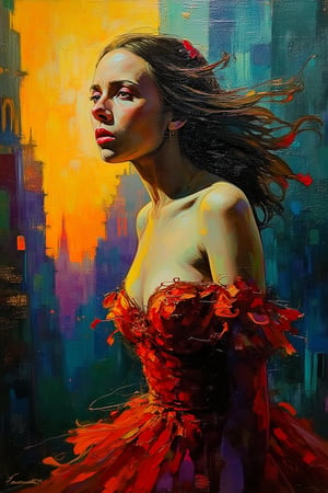 "In an abstract impressionist style, this portrait captures the dynamic, bold impasto brushstrokes with a rich Baroque-inspired color palette. Deep Carmines (for the reds), Ochre Yellows (for warmth), and Prussian Blues (for depth and shadow) dominate the scene, while Olive Greens (for earthy tones) blend with the cityscape setting. The painting is accented with dark Umber for contrast and highlights of bright, luminous Gold. The thick, textured strokes create a dramatic, tactile surface, with intense carmine and gold tones highlighting the figure’s facial features and dress. The background features a cityscape at sunset, where the buildings are rendered in deep, shadowy blues and greens, creating strong contrasts with the lighter, glowing areas illuminated by the setting sun. The overall composition evokes the opulence and drama of the Baroque style, infusing the urban setting with bold contrasts and rich textures. The impasto technique and layered colors add depth and movement, inviting viewers to explore the tension between the tranquil portrait and the intense, expressive color contrasts of the sunset and city backdrop.",lady & rayograph,,,victorian vision,.retro glam,,surreal,sparkles,shabby chic,