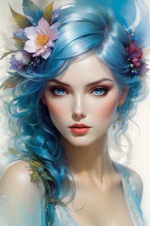 create me a hybrid being, Gorgeous, beautiful, multicolored hair, blue eyes, excentic, Ben Bauchau, Michael Garmash, Daniel F Gerhartz, Clint Cearley, Carne Griffiths, Jean Baptiste Monge, strybk style, warm dreamy lighting, matte background, volumetric lighting, pulp adventure style, fluid acrylic, dynamic gradients, bold color, illustration, highly detailed, simple, smooth and clean vector curves, vector art, smooth, johan grenier, character design, 3d shadowing, fanbox, cinematic, ornate motifs, elegant organic framing, hyperrealism, posterized, masterpiece collection, bright lush colors, TXAA, penumbra, alcohol paint, wet gouache, ultrarealistic, film grain, surreal, moody, ethereal fantasy, amazing depth, cinematic film still, sharp focus, (James Christensen),bohemian,Boho gypsy, Gustav Klimt, (Anne Bachelier:1.2), (Lillian Bassman, Erwin Blumenfeld),shabby chic,, 1920s retrofuturism, industrial, art deco, coherent, (Dieselpunk:1.3)