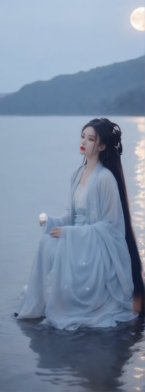 score_9, score_8_up, score_7_up, score_6_up, midnight. A long-haired beauty in Hanfu sat by the water, playing with the bright moon in her hands, which glowed with blue light. Chiaroscuro, beautiful human silhouette effect, moon focus