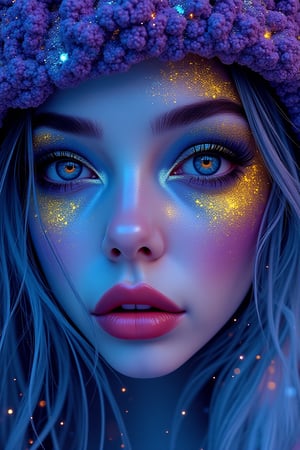 Beauty, realism, cinematic quality, chiaroscuro, rays of light, play of shadow and light, cinematic style, Super HD, Midjourney style, A close-up portrait of a woman in makeup is dominated by shades of blue and purple. Golden lines and patterns are intertwined around her face, giving it airiness and artistry. The background is made in deep blue and purple tones interspersed with distant galaxies. the atmosphere is mystical and dreamy.sparkles,in the style of vargas,Auguste Renoir ~ Paul Peel ~ John Singer Sargent ~ Alexandre-Jacques Chantron ~ John William Godward ~ John William Waterhouse ~ Han-Wu Shen ~ Ishitaka Amano ~ Chakrapan Posayakrit ~ Kim Jung Gi ~ Kei Mieno ~ Ikushima Hiroshi ~ WLOP ~ William-Adolphe Bouguereau ~ Alphonse Mucha ~Luis Royo ~ Range Murata ~ Jock Sturges photography ~ David Hamillton photography ~ Rustic Sketchbook Style, Sketch Book, Hand Drawn, Dark, Gritty, Realistic Sketch, Rough Sketch, Mix of Bold Dark Lines and Loose Lines, Bold Lines, On Paper, Turnaround Character Sheet, Natural Light, Dynamic, Highly Detailed, Watercolor Painting, Watercolor Paper, Artstation, Concept Art, Smooth and Crisp, Sharp Focus, Illustration, Goth girl 