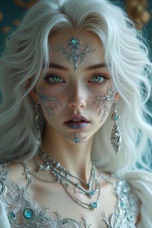 Rococo girl with white long wavy hair and green eyes, adorned with silver metal decoration on her face and silver earrings. She wears blue lipstick, with extremely detailed eyes and a pcv character design. The scene is enhanced by op magic, capturing the highest quality and detailed details. The composition is framed with perfect quality, featuring intricate rococo elements and opulent background.lady & rayograph,,,victorian vision,.retro glam,,surreal,sparkles,