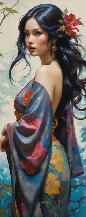 A mysterious figure emerges from the shadows of a dimly lit Japanese garden, bathed in soft, warm lighting. The subject, a beautiful woman with long black hair adorned by a hair ornament, wears a stunning kimono that exposes her back, revealing a striking yakuza tattoo. Her gaze is cast backward, as if lost in thought. Framed by lush foliage and the subtle glow of lanterns, this enigmatic scene exudes an air of intrigue and mystique.Ink drawing of MOGLI, a charismatic girl embracing bohemian lifestyle, irises glisten like shimmering copper, lips subtly pursed, gaze directed skyward in a dreamy fashion, mane detailed with careless precision, features etched with laughter lines, radiating otherworldly charm, posture exudes liberation, capturing vivid expression of life, by Catr, detailed, vibrant, ink on textured paper, dramatic lighting,  Gorgeous, beautiful, multicolored hair, blue eyes, excentic, Ben Bauchau, Michael Garmash, Daniel F Gerhartz, Clint Cearley, Carne Griffiths, Jean Baptiste Monge, strybk style, warm dreamy lighting, matte background, volumetric lighting, pulp adventure style, fluid acrylic, dynamic gradients, bold color, illustration, highly detailed, simple, smooth and clean vector curves, vector art, smooth, johan grenier, character design, 3d shadowing, fanbox, cinematic, ornate motifs, elegant organic framing, hyperrealism, posterized, masterpiece collection, bright lush colors, TXAA, penumbra, alcohol paint, wet gouache, ultrarealistic, film grain, surreal, moody, ethereal fantasy, amazing depth, cinematic film still, sharp focus, (James Christensen),bohemian,Boho gypsy, Gustav Klimt, (Anne Bachelier:1.2), (Lillian Bassman, Erwin Blumenfeld),shabby chic,, 1920s retrofuturism, industrial, art deco, coherent, (Dieselpunk:1.3), sparkles, 