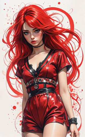 A striking stencil art portrait of a young sexy Asian woman with very long fiery glowing red hair swirling in the wind. She is in a distinctive metallic red dress, featuring a circle pattern and bold stripes. Her intense gaze is directed to the right, lightly downwards, as if contemplating a secret. The stark white background highlights the intricate details of the stencil work, showcasing the artist's skill and precisionm,,lady & rayograph,,,victorian vision,.retro glam,surreal,sparklesAuguste Renoir ~ Paul Peel ~ John Singer Sargent ~ Alexandre-Jacques Chantron ~ John William Godward ~ John William Waterhouse ~ Han-Wu Shen ~ Ishitaka Amano ~ Chakrapan Posayakrit ~ Kim Jung Gi ~ Kei Mieno ~ Ikushima Hiroshi ~ WLOP ~ William-Adolphe Bouguereau ~ Alphonse Mucha ~Luis Royo ~ Range Murata ~ Jock Sturges photography ~ David Hamillton photography ~ Rustic Sketchbook Style, Sketch Book, Hand Drawn, Dark, Gritty, Realistic Sketch, Rough Sketch, Mix of Bold Dark Lines and Loose Lines, Bold Lines, On Paper, Turnaround Character Sheet, Natural Light, Dynamic, Highly Detailed, Watercolor Painting, Watercolor Paper, Artstation, Concept Art, Smooth and Crisp, Sharp Focus, Illustration, Goth girl 