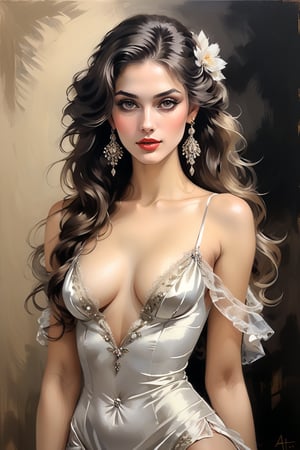 The ideal girl in the oil painting style is portrayed with flowing, cascading hair that appears almost lifelike in its fluid illustration style. The human anatomy of the girl is depicted with delicate precision, showcasing her elegant posture and graceful features. The soft lighting in the painting adds a dreamy quality to the composition, enhancing the ethereal beauty of the subject. The framing of the image is intimate, drawing the viewer's attention to the intricate details of the girl's hair and facial features. Overall, the painting captures a sense of timeless beauty and femininity in a classic, burlesque,shabby chic,,fine art,epic,Boho gypsy, marquise,duchesse,romantic genre.