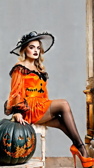 (Princess standing in a palace), 20 years old, looks like a pumpkin skirt, black fishnet stockings, Halloween, a big pumpkin hat, red high heels, an orange dress with glitter,splatter Watercolor ,glamorous and aesthetic,,victorian vision,.retro glam