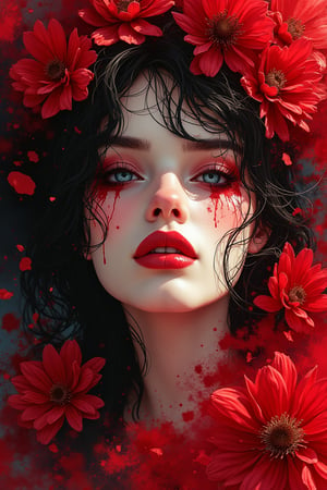 ((best quality)), a close up red/black line art of a beautiful young diva in ecstacy over surrounded by flowers and dark shadowy smoke from Firebird. The art includes splatter drippings, paper texture, palette knife painting. The artwork should be centered, stylized, and elaborate, with a beautiful outfit, gorgeous eyes, and a dynamic pose. rendered in 8K resolution for high-quality detail.,ncg,Gorgeous, beautiful, multicolored hair, blue eyes, excentic,  Ben Bauchau, Michael Garmash, Daniel F Gerhartz, Clint Cearley, Carne Griffiths, Jean Baptiste Monge, strybk style, warm dreamy lighting, matte background, volumetric lighting, pulp adventure style, fluid acrylic, dynamic gradients, bold color, illustration, highly detailed, simple, smooth and clean vector curves, vector art, smooth, johan grenier, character design, 3d shadowing, fanbox, cinematic, ornate motifs, elegant organic framing, hyperrealism, posterized, masterpiece collection, bright lush colors, TXAA, penumbra, alcohol paint, wet gouache, ultrarealistic, film grain, surreal, moody, ethereal fantasy, amazing depth, cinematic film still, sharp focus, (James Christensen),bohemian,Boho gypsy, Gustav Klimt, (Anne Bachelier:1.2), (Lillian Bassman, Erwin Blumenfeld),shabby chic,, 1920s retrofuturism, industrial, art deco, coherent, (Dieselpunk:1.3)sparkles,in the style of vargas
