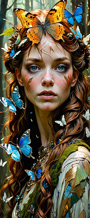 (masterpiece), mysterious forest woman, camouflaged, one with the forest, leaf clothing, butterflies, by Carne Griffiths, by Aaron Horke amazing depth, surreal, geometric patterns, intricately detailed,  photorealism, smooth, Movie Poster, MoviePosterAF, Ink drawing of MOGLI, a charismatic girl embracing bohemian lifestyle, irises glisten like shimmering copper, lips subtly pursed, gaze directed skyward in a dreamy fashion, mane detailed with careless precision, features etched with laughter lines, radiating otherworldly charm, posture exudes liberation, capturing vivid expression of life, by Catr, detailed, vibrant, ink on textured paper, dramatic lighting,  Gorgeous, beautiful, multicolored hair, blue eyes, excentic, Ben Bauchau, Michael Garmash, Daniel F Gerhartz, Clint Cearley, Carne Griffiths, Jean Baptiste Monge, strybk style, warm dreamy lighting, matte background, volumetric lighting, pulp adventure style, fluid acrylic, dynamic gradients, bold color, illustration, highly detailed, simple, smooth and clean vector curves, vector art, smooth, johan grenier, character design, 3d shadowing, fanbox, cinematic, ornate motifs, elegant organic framing, hyperrealism, posterized, masterpiece collection, bright lush colors, TXAA, penumbra, alcohol paint, wet gouache, ultrarealistic, film grain, surreal, moody, ethereal fantasy, amazing depth, cinematic film still, sharp focus, (James Christensen),bohemian,Boho gypsy, Gustav Klimt, (Anne Bachelier:1.2), (Lillian Bassman, Erwin Blumenfeld),shabby chic,, 1920s retrofuturism, industrial, art deco, coherent, (Dieselpunk:1.3), sparkles, 