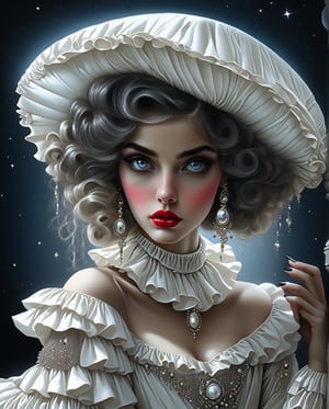 beautiful French girl Pierrot hanging a rose; sitting on a crescent moon, sweet and cinematic expression, dynamic poses, large white ruffle collar, french pierrot makeup and a single black teardrop drawn below the eye, hyperdetailed, mirano fujita style, 4K 64 megapixels 8K resolution HDR, shiny, Epic Masterpiece, scifi_futuristic_shroompunk glowing, gradient lipstick, thick eyebrows, moonlight, plump lips, acrylic, fantasy, detailed eyes, detailed fingers, realistic eyes, drawn pupils, white eyelashes, shine watercolor, detailed face, bright, bright eyes, jewelry, long hair, dancing glow, super-detailed face,more detail XL,niji5, epic, fine art, shabby chic, boho gypsy, bohemian, gothic, rococco, marquise,