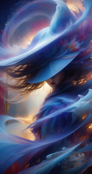 A woman wearing a wide-brimmed hat, gorgeous colors, the woman's hair breaks into small pieces and turns into powder as it moves away from her head, the abstract red background and fantastic blue gradient add to the mysteriousness, the heavy and unstructured thick brush strokes beautifully express the portrait of a woman,Gorgeous, beautiful, multicolored hair, blue eyes, excentic, Ben Bauchau, Michael Garmash, Daniel F Gerhartz, Clint Cearley, Carne Griffiths, Jean Baptiste Monge, strybk style, warm dreamy lighting, matte background, volumetric lighting, pulp adventure style, fluid acrylic, dynamic gradients, bold color, illustration, highly detailed, simple, smooth and clean vector curves, vector art, smooth, johan grenier, character design, 3d shadowing, fanbox, cinematic, ornate motifs, elegant organic framing, hyperrealism, posterized, masterpiece collection, bright lush colors, TXAA, penumbra, alcohol paint, wet gouache, ultrarealistic, film grain, surreal, moody, ethereal fantasy, amazing depth, cinematic film still, sharp focus, (James Christensen), bohemian, Boho gypsy, Gustav Klimt, (Anne Bachelier:1.2), (Lillian Bassman, Erwin Blumenfeld), shabby chic, 1920s retrofuturism, industrial, art deco, coherent, (Dieselpunk:1.3), sparkles