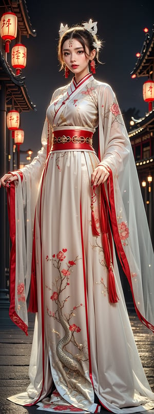 1girl, 23yo Taiwanese beauty, solo, cool, looking at viewer, brunette, hair accessory, long sleeves, holding, blue eyes, jewelry, closed mouth, standing, cowboy shot, earrings, outdoor, sky, clouds, from below, nail polish, red lips, belt, night, glow, chain, forehead mark, gorgeous Hanfu, tassels, red nails, smoke, lantern, white python, magic, East Asian architecture, high bun, pagoda