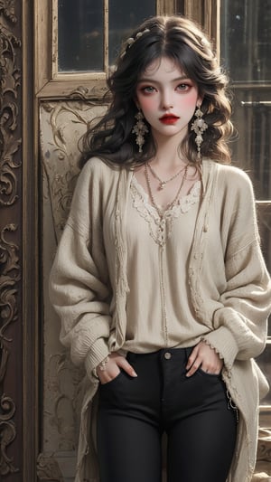 1girl, solo, long hair, looking at viewer, shirt, black hair, long sleeves, jewelry, closed mouth, earrings, pants, black eyes, sweater, black pants, hands in pockets, red lips, burlesque,shabby chic,,fine art,epic,Boho gypsy, marquise,duchesse, dark fantasy