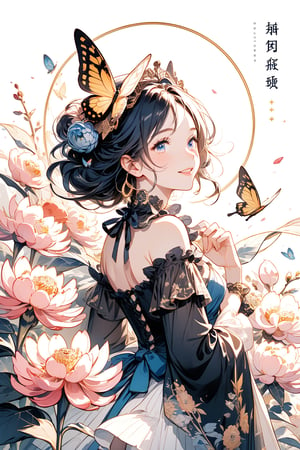 1girl, solo, looking at the audience, smiling, long blue-black hair, blue eyes with long and dense eyelashes (very bright and crystal clear), holding, flower, character name, Chinese text, no humans, pink peony flowers, bugs, butterflies, Blue flowers, yellow butterflies, white flowers, black chrysanthemums,burlesque,shabby chic,,fine art,epic,Boho gypsy, marquise,duchesse,dark fantasy,