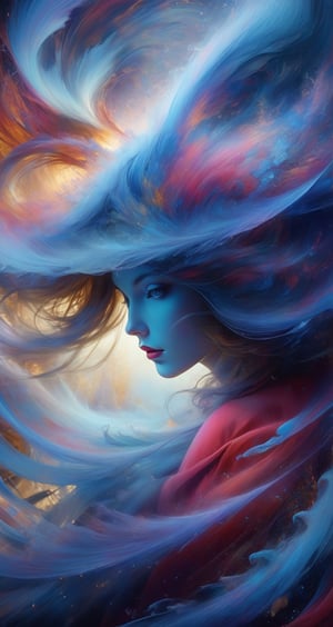 A woman wearing a wide-brimmed hat, gorgeous colors, the woman's hair breaks into small pieces and turns into powder as it moves away from her head, the abstract red background and fantastic blue gradient add to the mysteriousness, the heavy and unstructured thick brush strokes beautifully express the portrait of a woman,Gorgeous, beautiful, multicolored hair, blue eyes, excentic, Ben Bauchau, Michael Garmash, Daniel F Gerhartz, Clint Cearley, Carne Griffiths, Jean Baptiste Monge, strybk style, warm dreamy lighting, matte background, volumetric lighting, pulp adventure style, fluid acrylic, dynamic gradients, bold color, illustration, highly detailed, simple, smooth and clean vector curves, vector art, smooth, johan grenier, character design, 3d shadowing, fanbox, cinematic, ornate motifs, elegant organic framing, hyperrealism, posterized, masterpiece collection, bright lush colors, TXAA, penumbra, alcohol paint, wet gouache, ultrarealistic, film grain, surreal, moody, ethereal fantasy, amazing depth, cinematic film still, sharp focus, (James Christensen), bohemian, Boho gypsy, Gustav Klimt, (Anne Bachelier:1.2), (Lillian Bassman, Erwin Blumenfeld), shabby chic, 1920s retrofuturism, industrial, art deco, coherent, (Dieselpunk:1.3), sparkles