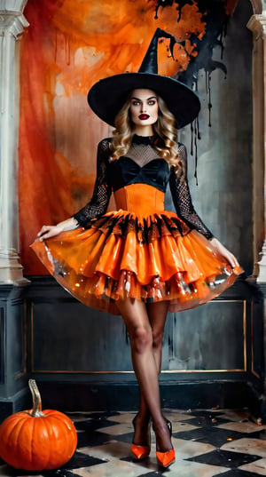 (Princess standing in a palace), 20 years old, looks like a pumpkin skirt, black fishnet stockings, Halloween, a big pumpkin hat, red high heels, an orange dress with glitter,splatter Watercolor ,glamorous and aesthetic,,victorian vision,.retro glam