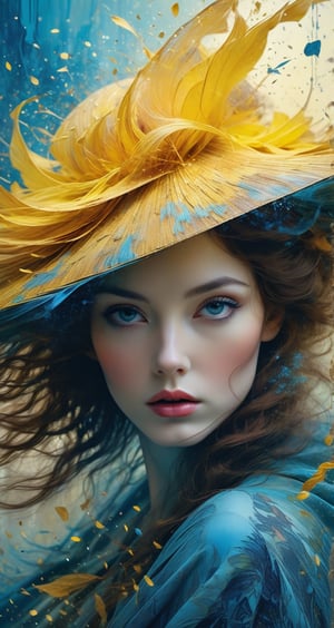 A woman wearing a wide-brimmed hat, gorgeous colors, the hair of the woman breaks into small pieces and turns into powder as it gets farther away from the head, the abstract white background and fantastic yellow color gradation adds mystery, the heavy and unstructured thick brush strokes beautifully express the portrait of the woman,Gorgeous, beautiful, multicolored hair, blue eyes, excentic, Ben Bauchau, Michael Garmash, Daniel F Gerhartz, Clint Cearley, Carne Griffiths, Jean Baptiste Monge, strybk style, warm dreamy lighting, matte background, volumetric lighting, pulp adventure style, fluid acrylic, dynamic gradients, bold color, illustration, highly detailed, simple, smooth and clean vector curves, vector art, smooth, johan grenier, character design, 3d shadowing, fanbox, cinematic, ornate motifs, elegant organic framing, hyperrealism, posterized, masterpiece collection, bright lush colors, TXAA, penumbra, alcohol paint, wet gouache, ultrarealistic, film grain, surreal, moody, ethereal fantasy, amazing depth, cinematic film still, sharp focus, (James Christensen), bohemian, Boho gypsy, Gustav Klimt, (Anne Bachelier:1.2), (Lillian Bassman, Erwin Blumenfeld), shabby chic, 1920s retrofuturism, industrial, art deco, coherent, (Dieselpunk:1.3), sparkles