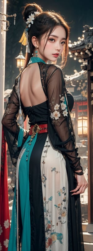 1girl, 23yo Taiwanese beauty, solo, cool, looking at viewer, brunette, hair accessory, long sleeves, holding, blue eyes, jewelry, closed mouth, standing, cowboy shot, earrings, outdoor, sky, clouds, from behind, nail polish, red lips, belt, night, glow, chain, forehead mark, Hanfu, tassels, red nails, smoke, lantern, white python, magic, East Asian architecture, high bun, pagoda