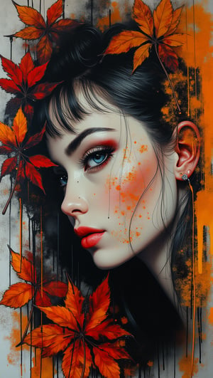 (masterpiece, high quality, 8K resolution),A surreal sketchbook-style graffiti spray-painted on the wall. a close up portrait of a beautiful woman with slavic features. Scattered strokes of paint create a unified image, elegant and chaotic. Add autumn mood, withered leaves, rusty shades, the theme of withering. The impasto technique creates a sense of relief and volume in the image, elegantly combining the elegance of classical art with the chaos of street art. Merge anime style and street art style.,Surreal art,graffiStyle,,lady & rayograph,,,victorian vision,.retro glam,,surreal,sparkles,dark fantasy,Auguste Renoir ~ Paul Peel ~ John Singer Sargent ~ Alexandre-Jacques Chantron ~ John William Godward ~ John William Waterhouse ~ Han-Wu Shen ~ Ishitaka Amano ~ Chakrapan Posayakrit ~ Kim Jung Gi ~ Kei Mieno ~ Ikushima Hiroshi ~ WLOP ~ William-Adolphe Bouguereau ~ Alphonse Mucha ~Luis Royo ~ Range Murata ~ Jock Sturges photography ~ David Hamillton photography ~ Rustic Sketchbook Style, Sketch Book, Hand Drawn, Dark, Gritty, Realistic Sketch, Rough Sketch, Mix of Bold Dark Lines and Loose Lines, Bold Lines, On Paper, Turnaround Character Sheet, Natural Light, Dynamic, Highly Detailed, Watercolor Painting, Watercolor Paper, Artstation, Concept Art, Smooth and Crisp, Sharp Focus, Illustration, Goth girl 