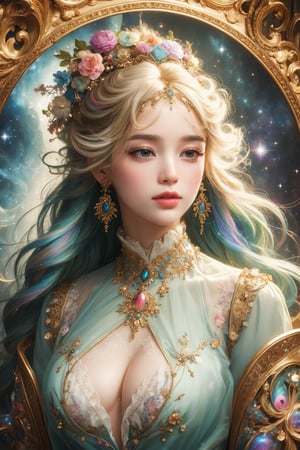 MUCHA STYLE, busty and sexy girl, 8k, masterpiece, ultra-realistic, best quality, high resolution, high definition, COSMO, GALAXY,stardust ,Her hair is the highlight, flowing around her head with white to iridescent hues, epic, fine art, shabby chic, boho gypsy, bohemian, gothic, rococco, marquise,lady, delicate portrait, dark fantasy, 