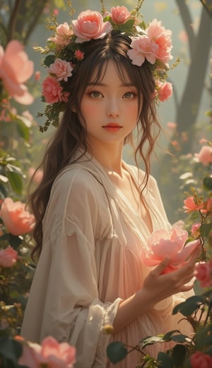 Portrait of a Caucasian beautiful girl holding the most delicate flower, blured forest background, morning sunrise, 8k,Auguste Renoir ~ Paul Peel ~ John Singer Sargent ~ Alexandre-Jacques Chantron ~ John William Godward ~ John William Waterhouse ~ Han-Wu Shen ~ Ishitaka Amano ~ Chakrapan Posayakrit ~ Kim Jung Gi ~ Kei Mieno ~ Ikushima Hiroshi ~ WLOP ~ William-Adolphe Bouguereau ~ Alphonse Mucha ~Luis Royo ~ Range Murata ~ Jock Sturges photography ~ David Hamillton photography,sparkles