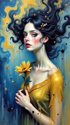 A vibrant oil canvas masterpiece unfolds, showcasing an ethereal beauty with flowing locks holding a flower to her chest. Soft hues of cerulean blue and buttery yellow swirl around her, as if the brushstrokes themselves were alive. The composition is a symphony of abstract shapes, echoing the works of Beksinski, Pacheco, Sutherland, and Adams. Van Gogh's expressive strokes infuse the piece with an otherworldly essence, as if the very fabric of reality was being manipulated on the canvas. The contrast between light and dark is deliberate, drawing the viewer's eye to the subject's enigmatic smile.Auguste Renoir ~ Paul Peel ~ John Singer Sargent ~ Alexandre-Jacques Chantron ~ John William Godward ~ John William Waterhouse ~ Han-Wu Shen ~ Ishitaka Amano ~ Chakrapan Posayakrit ~ Kim Jung Gi ~ Kei Mieno ~ Ikushima Hiroshi ~ WLOP ~ William-Adolphe Bouguereau ~ Alphonse Mucha ~Luis Royo ~ Range Murata ~ Jock Sturges photography ~ David Hamillton photography ~ Rustic Sketchbook Style, Sketch Book, Hand Drawn, Dark, Gritty, Realistic Sketch, Rough Sketch, Mix of Bold Dark Lines and Loose Lines, Bold Lines, On Paper, Turnaround Character Sheet, Natural Light, Dynamic, Highly Detailed, Watercolor Painting, Watercolor Paper, Artstation, Concept Art, Smooth and Crisp, Sharp Focus, Illustration, Goth girl,sparkles