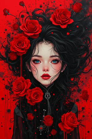 ((best quality)), a close up red/black line art of a beautiful young diva in ecstacy over surrounded by flowers and dark shadowy smoke from Firebird. The art includes splatter drippings, paper texture, palette knife painting. The artwork should be centered, stylized, and elaborate, with a beautiful outfit, gorgeous eyes, and a dynamic pose. rendered in 8K resolution for high-quality detail.,ncg,Gorgeous, beautiful, multicolored hair, blue eyes, excentic,  Ben Bauchau, Michael Garmash, Daniel F Gerhartz, Clint Cearley, Carne Griffiths, Jean Baptiste Monge, strybk style, warm dreamy lighting, matte background, volumetric lighting, pulp adventure style, fluid acrylic, dynamic gradients, bold color, illustration, highly detailed, simple, smooth and clean vector curves, vector art, smooth, johan grenier, character design, 3d shadowing, fanbox, cinematic, ornate motifs, elegant organic framing, hyperrealism, posterized, masterpiece collection, bright lush colors, TXAA, penumbra, alcohol paint, wet gouache, ultrarealistic, film grain, surreal, moody, ethereal fantasy, amazing depth, cinematic film still, sharp focus, (James Christensen),bohemian,Boho gypsy, Gustav Klimt, (Anne Bachelier:1.2), (Lillian Bassman, Erwin Blumenfeld),shabby chic,, 1920s retrofuturism, industrial, art deco, coherent, (Dieselpunk:1.3)sparkles,in the style of vargas
