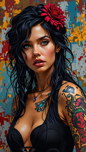 (masterpiece, high quality, 8K resolution), graffiti artwork about a beautiful woman. Street art patterns intertwined with her tattoos which create absolutely stunningly composition and highlights the beauty of her urban style clothing. Woman's pose sends to biblical motives and symbolyze the eternal struggle between good and evil. Chaotic background add post modern style in street art mannere. graffiStyle,Anime Style,,lady & rayograph,,,victorian vision,.retro glam,,surreal,sparkles,in the style of vargas