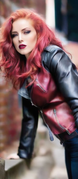 Generate hyper realistic image of a woman with long, curly red hair cascading down her back. She is wearing a black leather jacket with a zipper on the right side of the jacket. Her large breasts slightly accentuate the jacket's fit. Her lips are painted a deep red, contrasting with her pale skin, and her eyes are a piercing blue that stand out against her vibrant hair. She is looking directly at the viewer with a slight smile. The background is blurred, putting a soft focus on the woman.